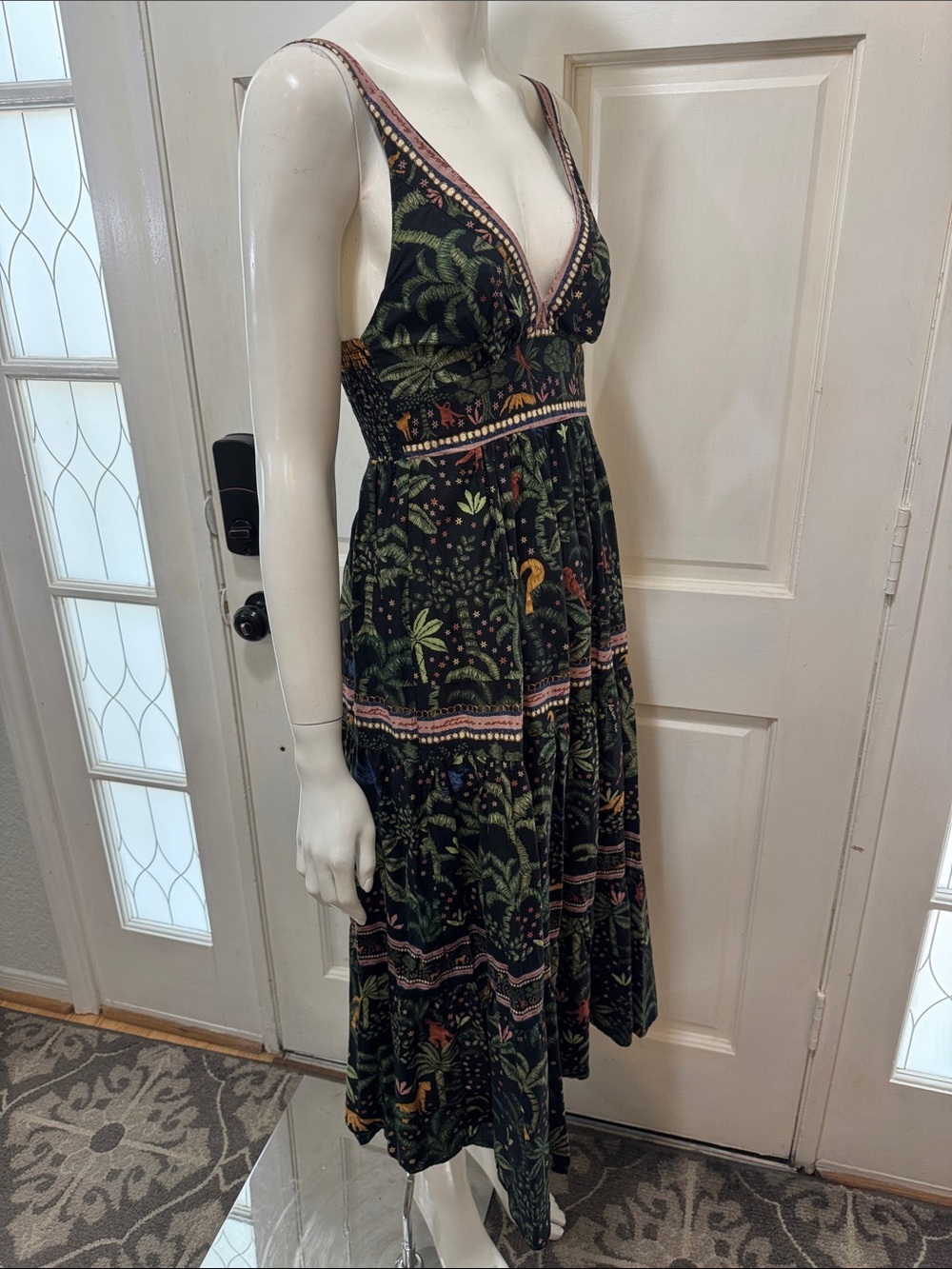 Farm Rio 100% Cotton V-Neck Tiered Tropical Print Maxi Floral Black Dress Sz S - Picture 9 of 15